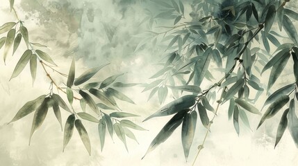 Abstract watercolor painting of bamboo branches with misty background, featuring a delicate and serene nature scene.