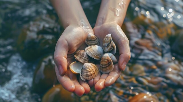 Freshwater pearl mussels. River shells in hands. Close up. Selective focus