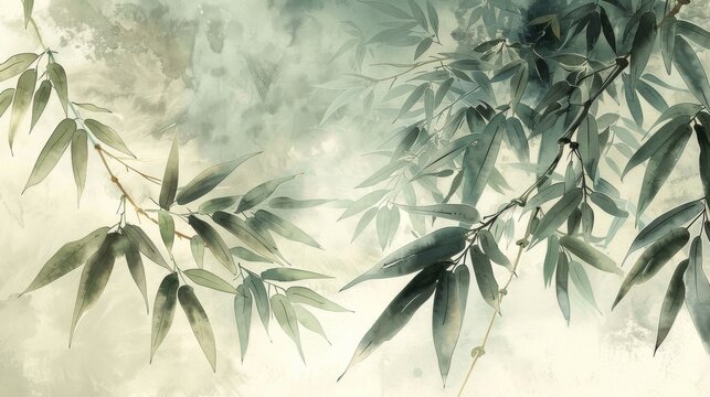 Abstract watercolor painting of bamboo branches with misty background, featuring a delicate and serene nature scene.