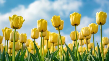 Fototapeta premium Vibrant Yellow Tulips Blooming under a Blue Sky. Spring Flowers in Full Bloom
