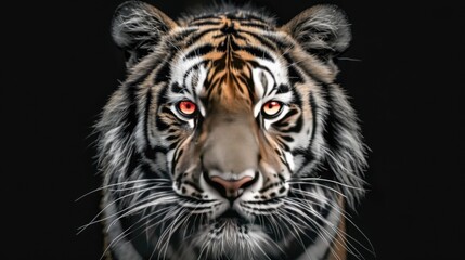 Front view of Tiger with red eyes isolated on black background. Black and white portrait of tiger
