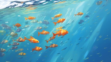 Vibrant school of fish swimming in clear blue ocean water. Concept of marine life, underwater, nature, and ecosystem