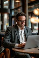 Fototapeta premium Portrait of an American business traveler working on a laptop in the airport lounge, high quality photo, photorealistic, focused expression, studio lighting
