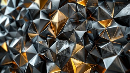 Abstract black and gold geometric pattern, 3D rendering of triangular shapes with reflective surface. Concept of luxury, modern architecture, and contemporary design.
