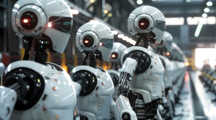 Fototapeta premium Future of manufacturing. Deserted factory floors with autonomous robots. Job displacement by AI.