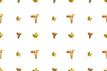 Botanical watercolor hand drawn seamless pattern with mushrooms chanterelle with yellow leaves fall forest wild food vegetarian woodland theme wrapping paper, textile design © lidianureeva