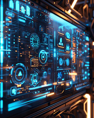 Obraz premium A detailed photograph of a sleek futuristic touchscreen interface displaying various data analytics and technological elements.