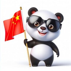 3D cartoon of a Happy Panda wearing sunglasses and holding a China flag