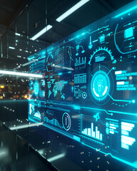 Fototapeta premium A detailed photograph of a sleek futuristic touchscreen interface displaying various data analytics and technological elements.