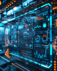 Obraz premium A detailed photograph of a sleek futuristic touchscreen interface displaying various data analytics and technological elements.