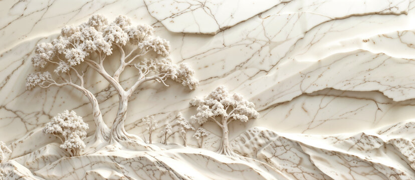 3D abstract nature trees in white marble stone. Wall decorative art illustration wallpaper.
