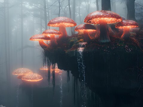 Surrealistyczna rzeczywistość, Surreal dreamscape, floating islands with waterfalls, giant mushrooms, ethereal lighting