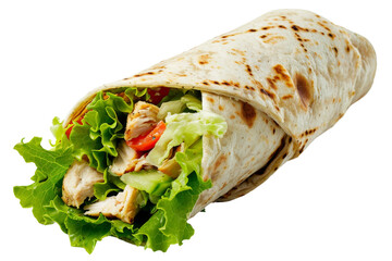 A wrap filled with lettuce, tomatoes, and chicken