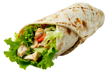 A wrap filled with lettuce, tomatoes, and chicken