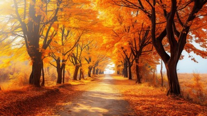 Scenic Autumn Road. Sunlight Through Golden Trees