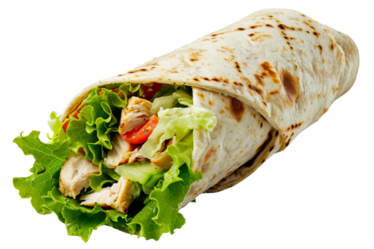 A wrap filled with lettuce, tomatoes, and chicken