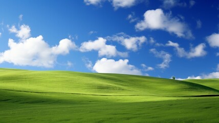 Obraz premium Idyllic Green Hills and Blue Sky with Fluffy White Clouds. Serene Nature Landscape