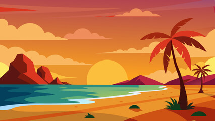 Sunset on Beach landscape vector illustration 