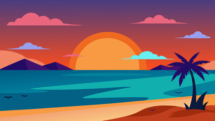 Sunset on Beach landscape vector illustration 