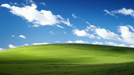 Iconic Rolling Green Hills Under Blue Sky with Clouds. Serene Nature Background