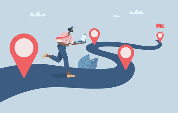 Project planning, Timeline, Progress in business, Roadmap, Work process or work process, Timeline to success, Businessman project manager running work on project timeline. Vector design illustration.