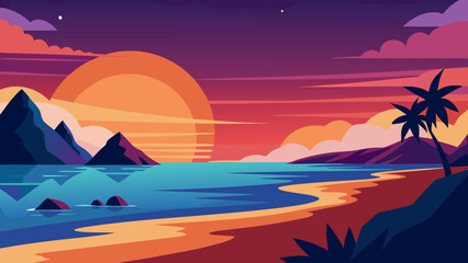 Sunset on Beach landscape vector illustration 