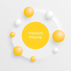 Realistic 3d frame. White and yellow circle stage with bouncing balls. Abstract vector background