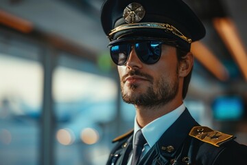 Portrait of an American pilot preparing for a flight in the airport terminal, high quality photo, photorealistic, confident expression, studio lighting