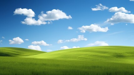 Fototapeta premium Idyllic Landscape. Rolling Green Hills and Blue Sky with Fluffy White Clouds