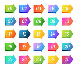 3d arrow number bullet points from 1 to 25. 