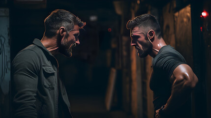 Intense Verbal Altercation Between Two Men in a Dimly Lit Alley - Tensions Rising, Aggression Displayed
