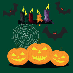 Vector set for Halloween. Pumpkins and bats and colorful candles.