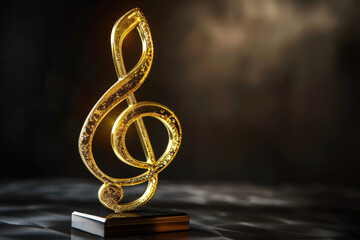 Golden treble clef shining on stage representing music award, with copy space on a dark background