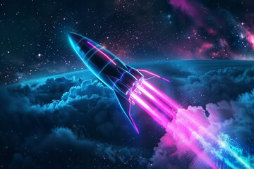Obraz premium Rocket taking off with neon blue and pink accents, emitting vibrant neon flames and smoke trails. 