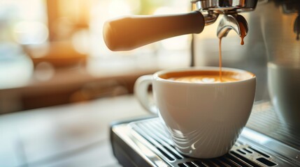 Freshly brewed espresso pouring into a white cup at sunrise