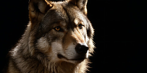 Obraz premium A close-up portrait of a majestic wolf, with intense yellow eyes, against a black background. Ideal for projects showcasing the wild beauty, power, and mystery of wolves.