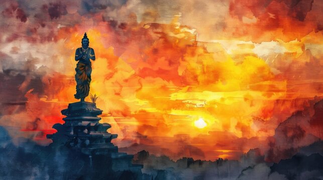  Gold statue of lord muragan at sunset watercolor illustration