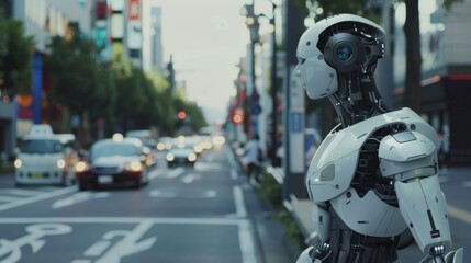 ai android robot walking on the street with people around - artificial intelligence technology integration to everyday life