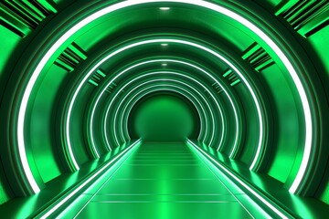 Futuristic green tunnel with illuminated arches