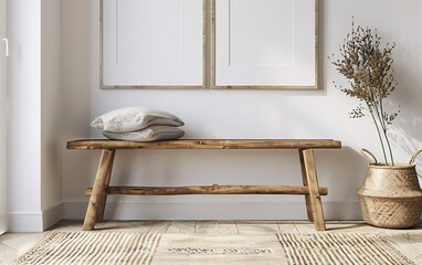 Wooden rustic bench near white wall with two frames