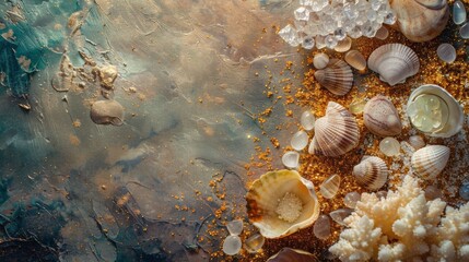 Fototapeta premium Artistic arrangement of seashells and crystals on textured background