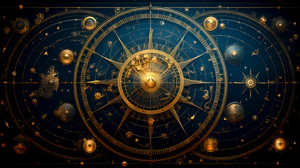 Obraz premium Golden Celestial Map with Astrological Symbols on Dark Background
