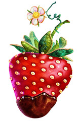 Fragola di stoffa con glassa al cioccolato. Frutta. Oggetto. Ortaggio. Cibo. Dolce. Naturale. Illustrazione. Clip art. Design. 
Immagine. Disegno