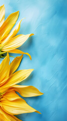 Obraz premium Aesthetic minimalist pastel blue background for social media with yellow sunflower petals. Summer vibes. Generative AI