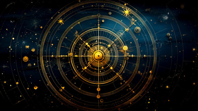 Golden Celestial Map with Astrological Symbols on Dark Background