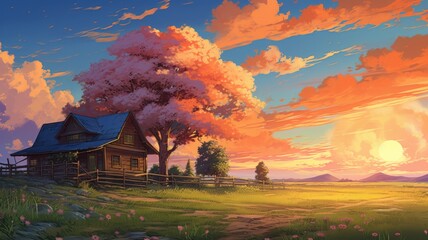 Idyllic countryside sunset with cherry blossom tree and wooden cottage.  Serene landscape illustration for nature, travel, or relaxation.
