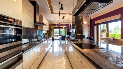 modern living room with kitchen