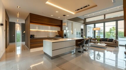 modern living room with kitchen
