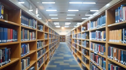 Fototapeta premium Wide shot of a long library aisle with bookshelves full of books. Concept of education, knowledge, and research.