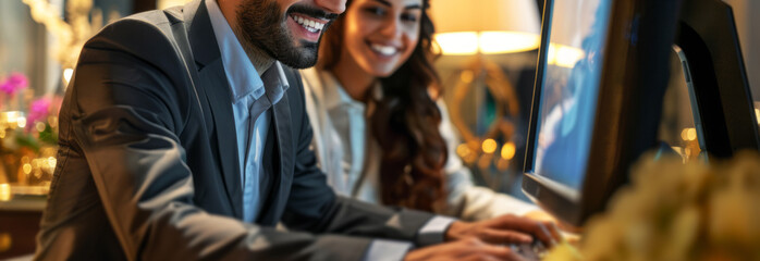 Fototapeta premium closeup Happy male hotel receptionist working at the front desk, 